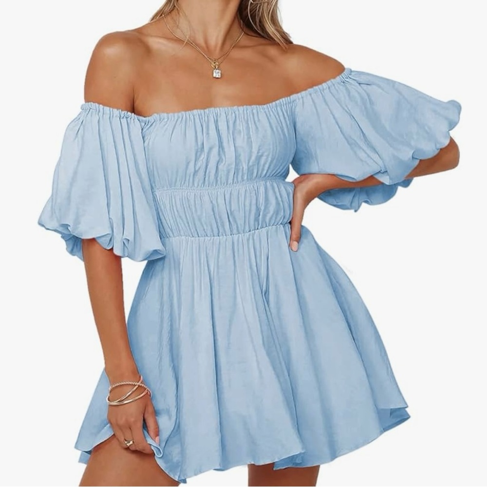 Dokotoo Size S Light Blue Off The Shoulder Lantern Sleeve A-Line Mini Dress